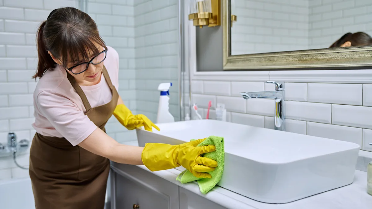 Bathroom and kitchen remodeling expert cleaning and prepping a modern bathroom